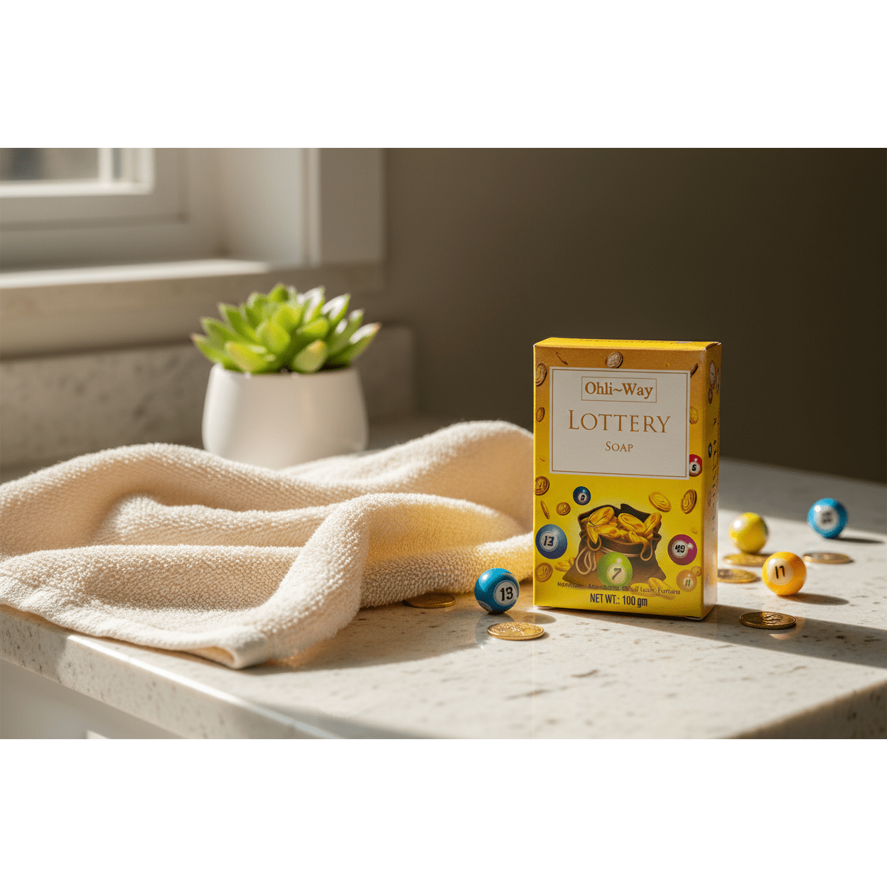 Lottery Soap box on bathroom counter with hand towel and plant