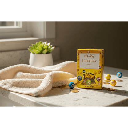 Lottery Soap box on bathroom counter with hand towel and plant