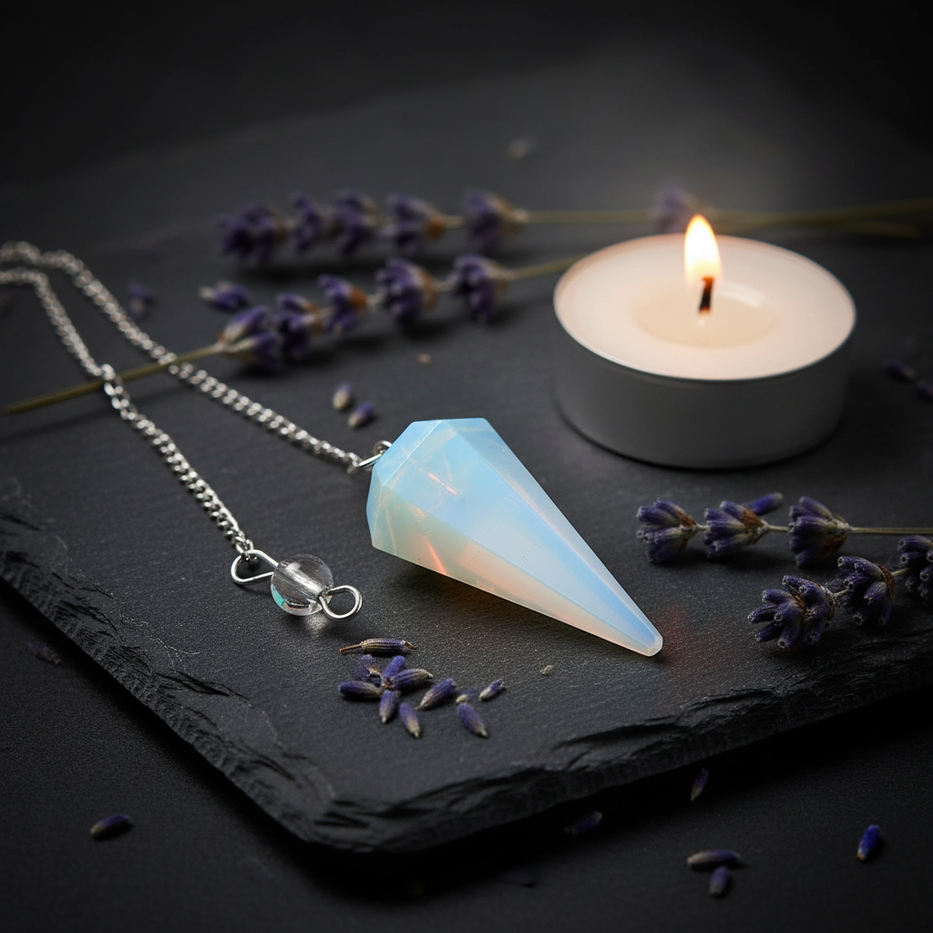 6-sided opalite pendulum on dark slate with lavender and tealight candle