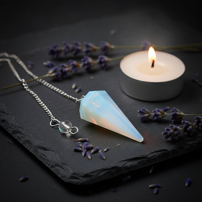 6-sided opalite pendulum on dark slate with lavender and tealight candle