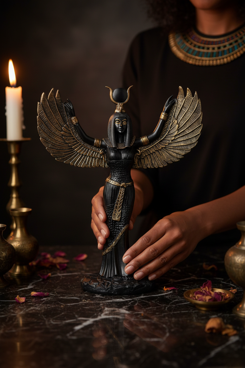 Hands of a mixed-race woman of color placing the Black Hand-Painted Winged Isis Statue on a dark marble altar