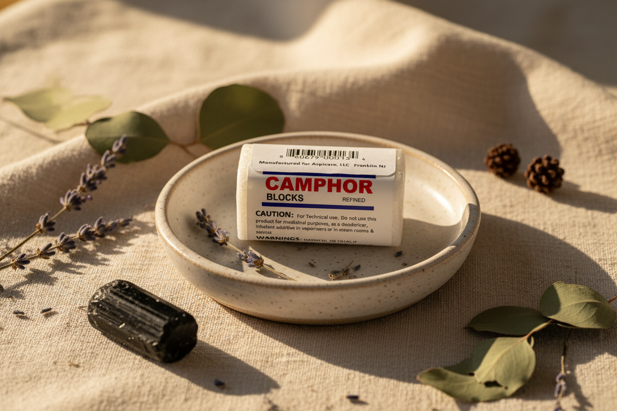 Camphor Block 25 grams in a small ceramic dish on linen with dried botanicals and black tourmaline stone