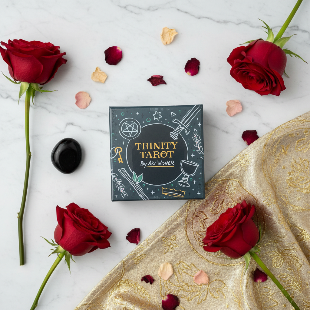 Trinity Tarot by Ari Wisner – overhead flat lay with roses