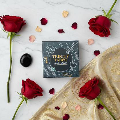 Trinity Tarot by Ari Wisner – overhead flat lay with roses