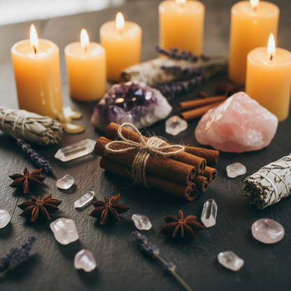 Cinnamon sticks bundled with twine on dark slate surrounded by dried flowers and herbs
