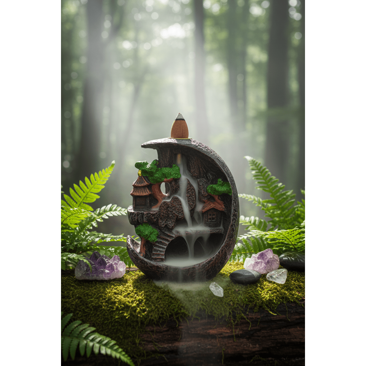 Fairy Scape Backflow Incense Burner in a misty forest setting on mossy wood surrounded by ferns and crystals