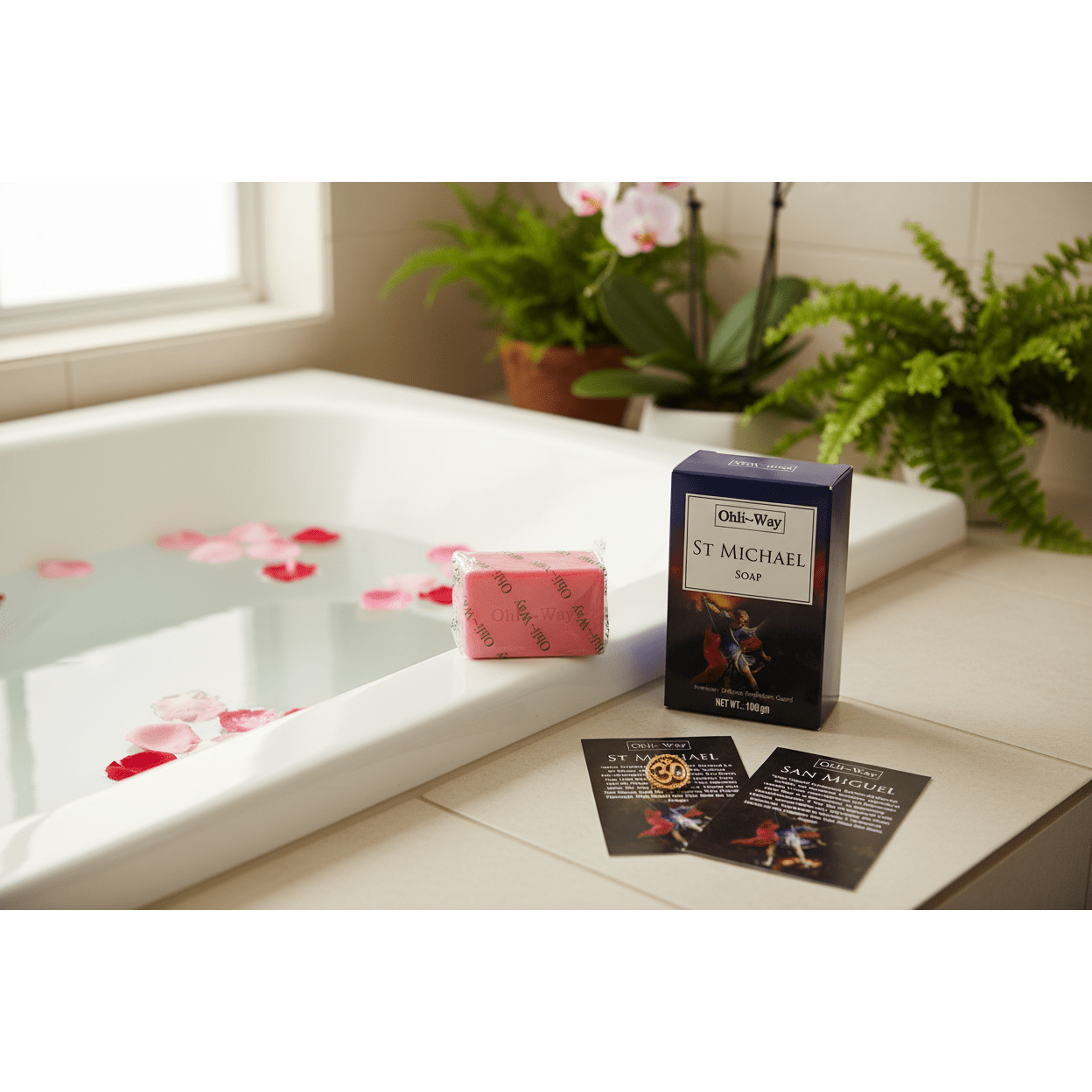 St. Michael Protection Soap set arranged beside a rose petal bath, spa aesthetic