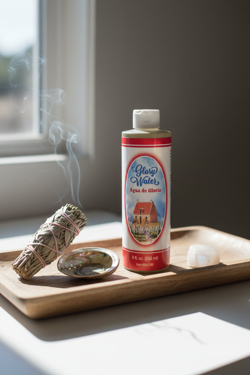 8 oz Glory Water bottle on a wooden tray with burning sage bundle, abalone shell, and moonstone in natural window light