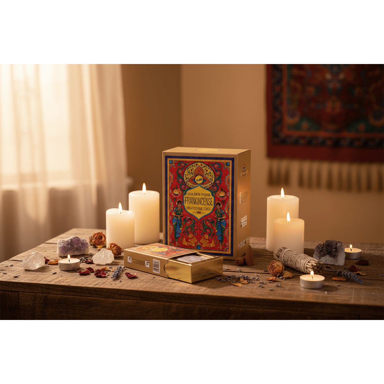 Golden India Frankincense backflow incense cones and box on a wooden meditation altar with crystals and candles
