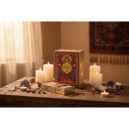 Golden India Frankincense backflow incense cones and box on a wooden meditation altar with crystals and candles