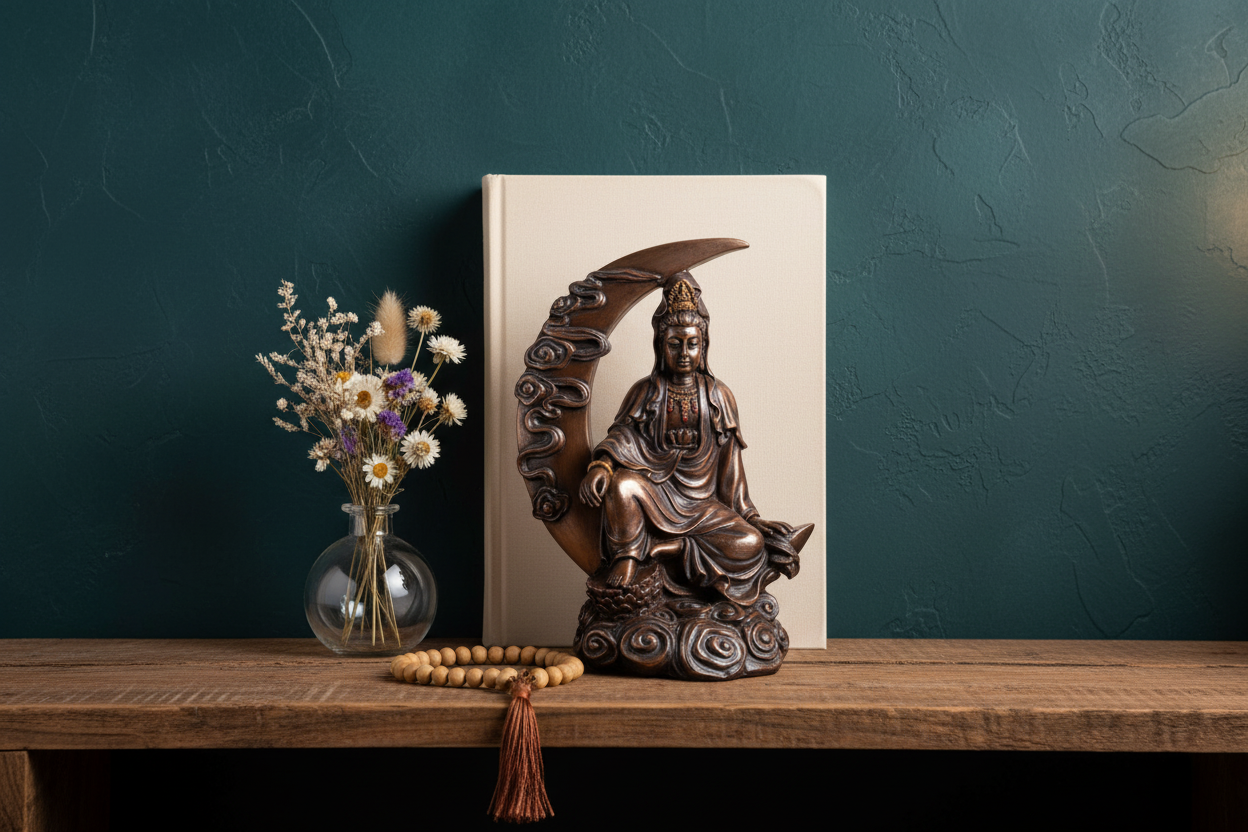 Kuan Yin Statue 8.25 inches on meditation altar shelf with mala beads and dried flowers