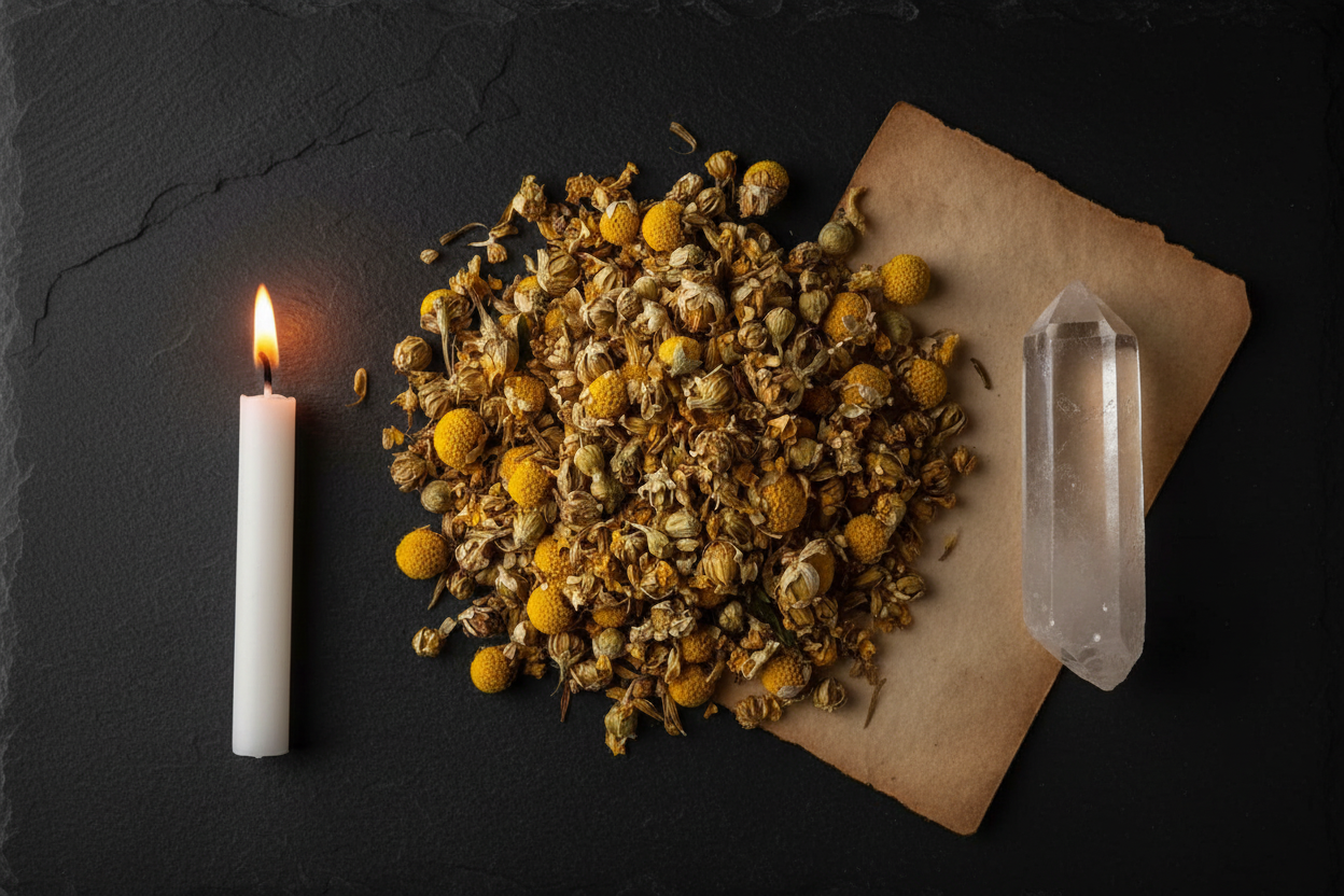 Dried whole Egyptian chamomile flowers arranged in a ritual scene with candle and quartz crystal on dark slate