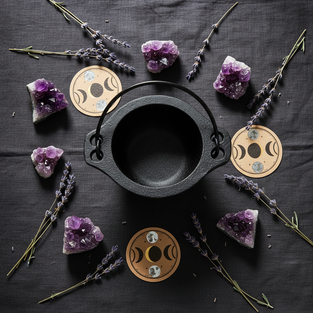 Cast iron cauldron with swing handle in an overhead flat lay with amethyst crystals and dried lavender