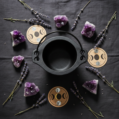 Cast iron cauldron with swing handle in an overhead flat lay with amethyst crystals and dried lavender