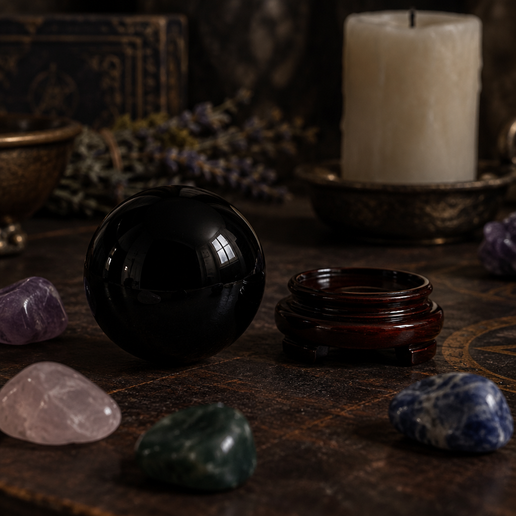 Black Crystal Gazing Ball, 50mm (1.75 Inch), styled on altar