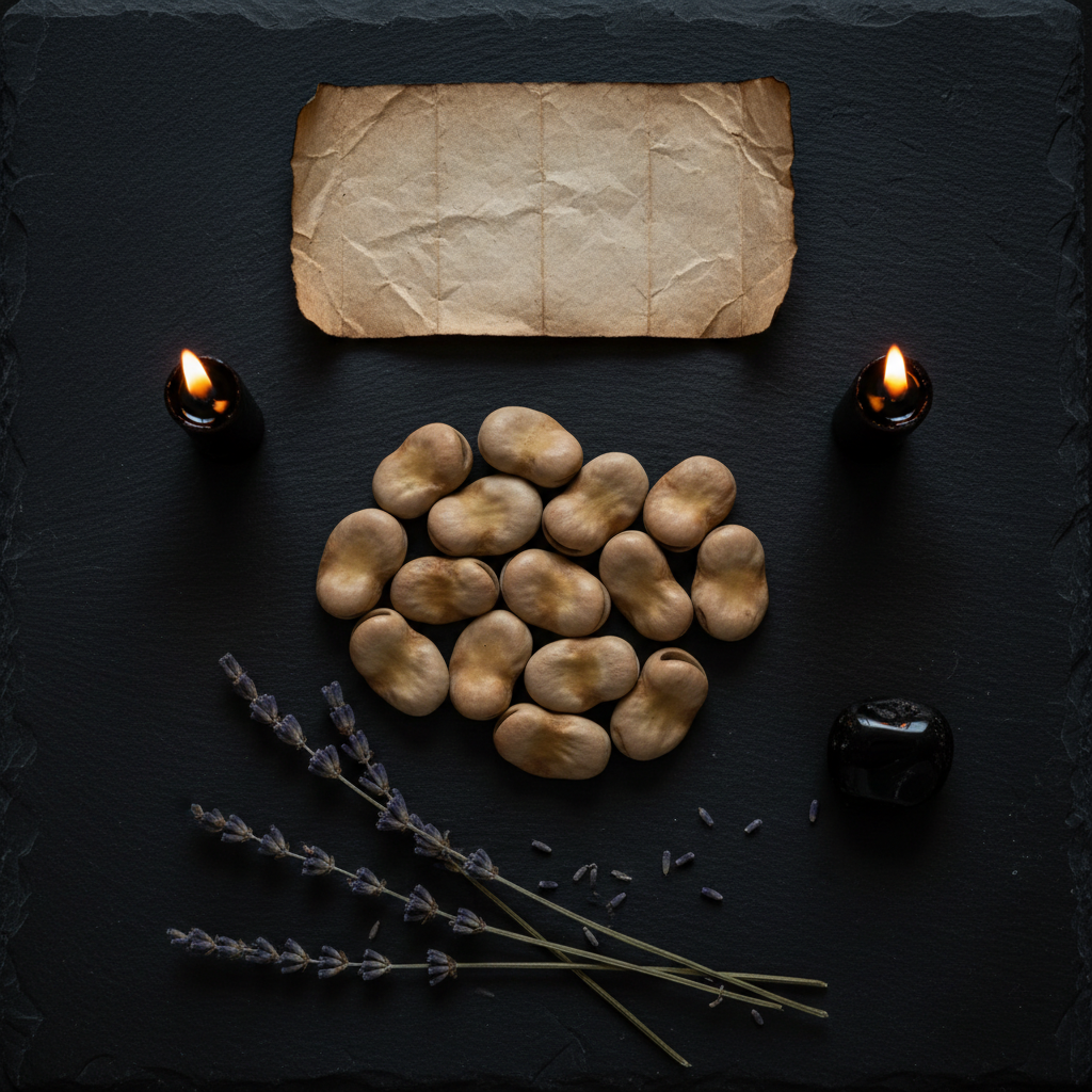 Overhead flat lay of dried fava beans on dark slate with lit black chime candles, lavender, parchment, and obsidian