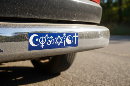 Coexist bumper sticker applied to a car bumper on a sunlit road