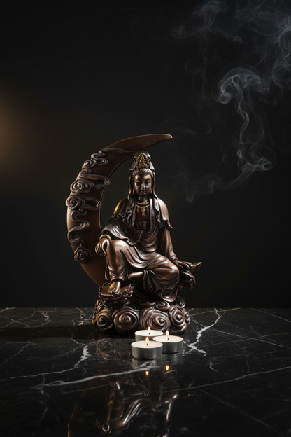 Kuan Yin Statue 8.25 inches on black marble with tea light candles