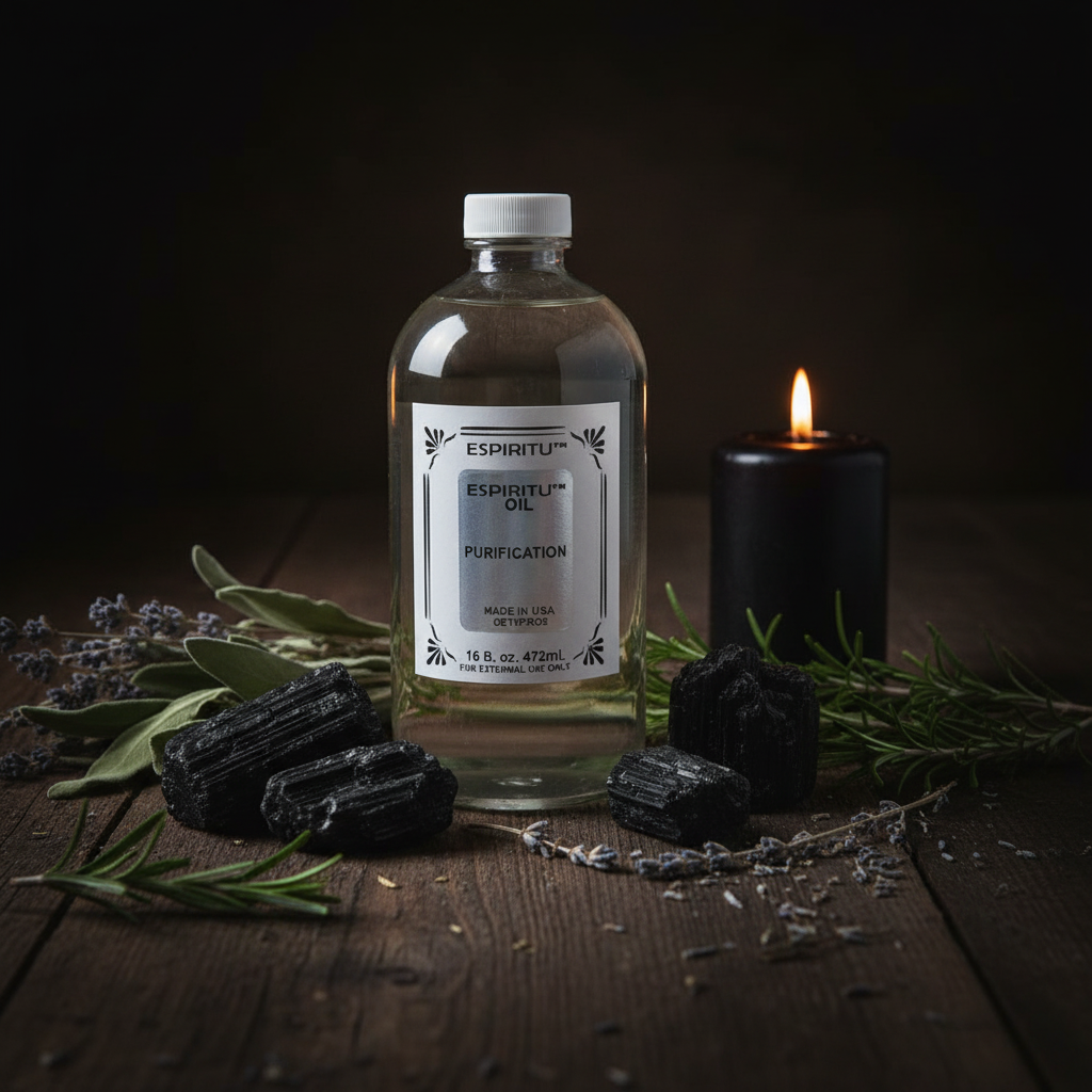 Mandrake Oil bottle on dark wooden altar with black tourmaline crystals, dried herbs, and lit black candle