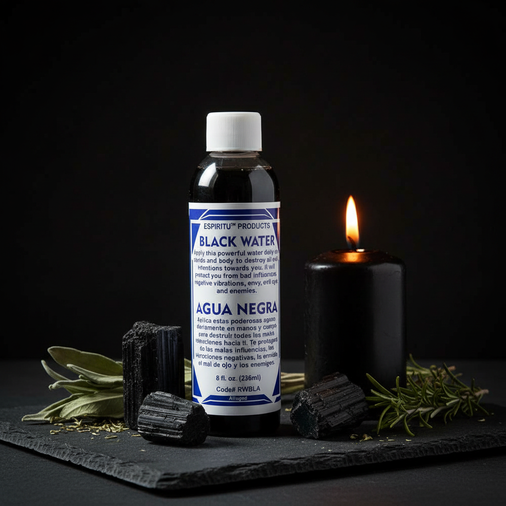 Black Water 8 oz bottle on dark slate with black tourmaline crystals and lit black candle