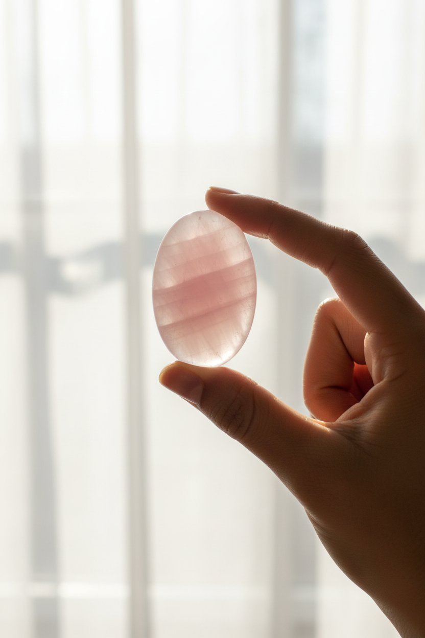 Pink calcite worry stone held up to sunlit window by a South Asian woman's hand, showing translucency
