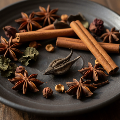 Bat Heart Root nestled with star anise, cinnamon sticks, and dried botanicals on a dark ceramic plate