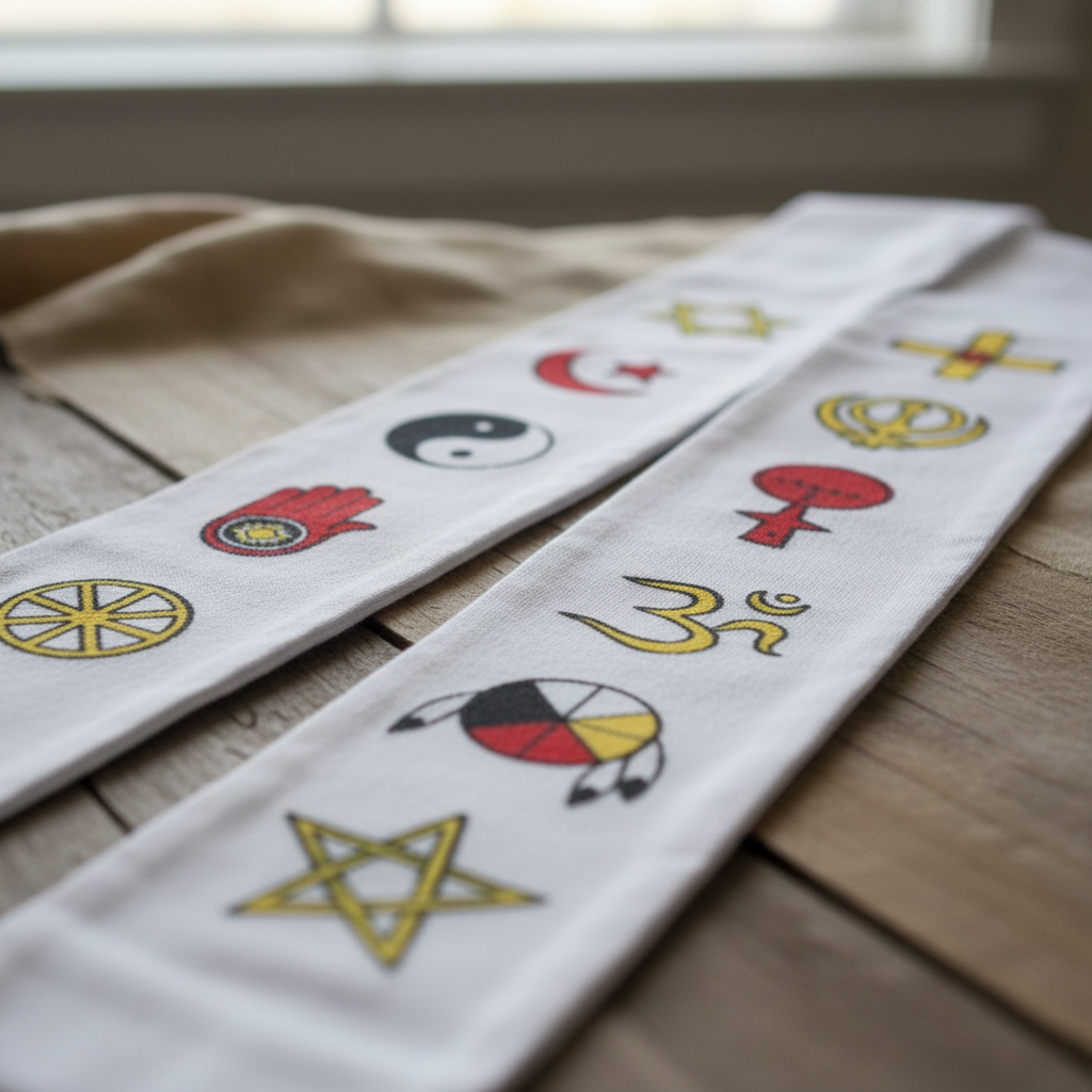 Close-up detail of twelve sacred religious symbols printed on white cotton fabric of interfaith minister's stole