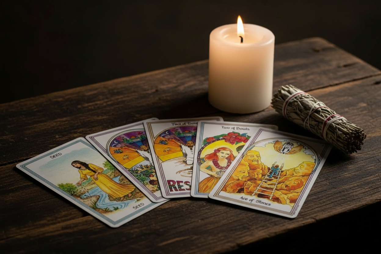 Medicine Woman Tarot cards fanned out on a dark wooden altar with a lit white pillar candle and dried sage bundle in moody candlelight
