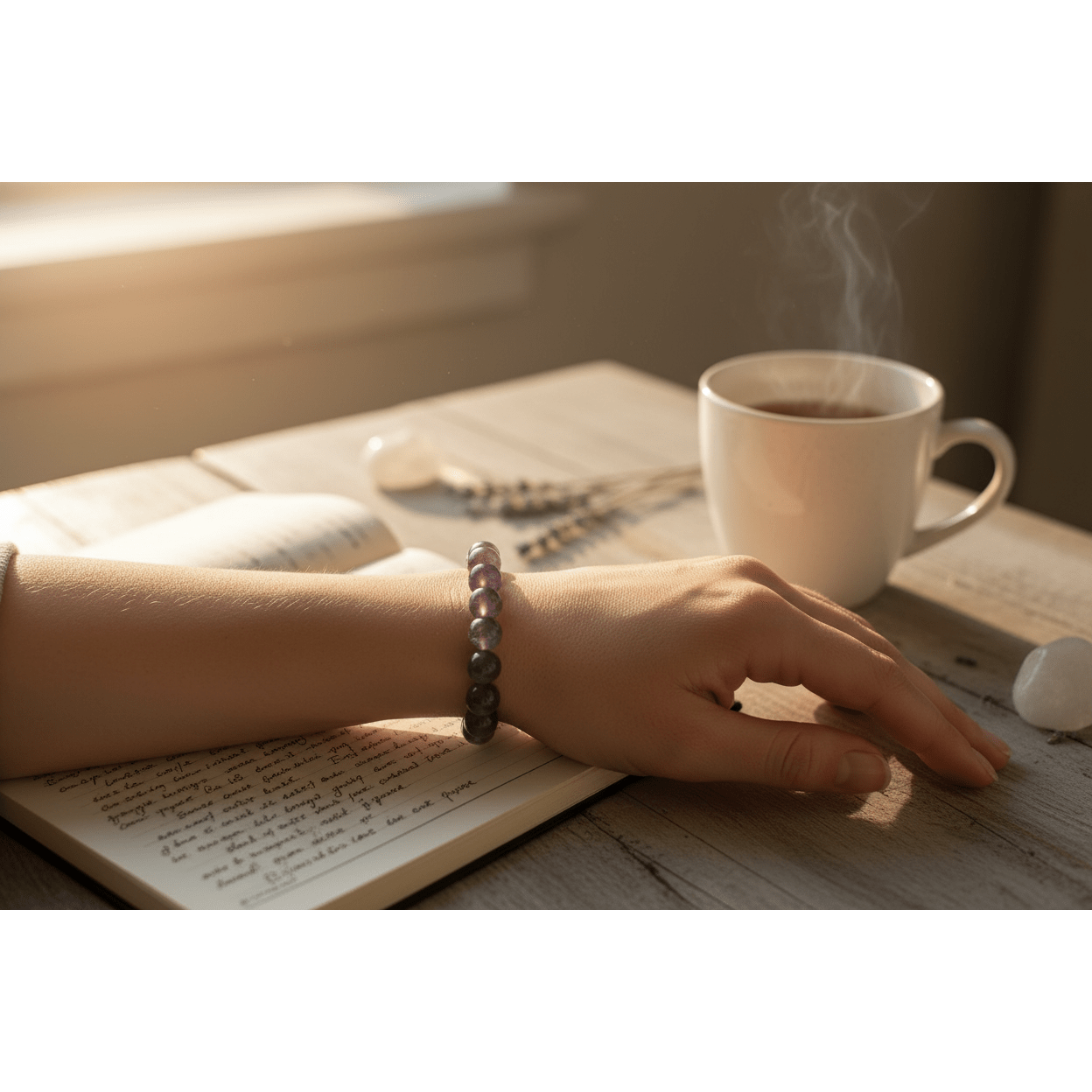 Amethyst bracelet with 8mm muted beads worn on wrist resting on open journal beside steaming mug in warm morning light