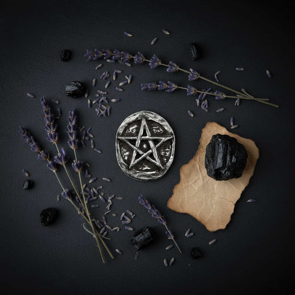 Flat lay overhead of pentagram pocket stone on dark slate with dried lavender, black tourmaline crystals, and parchment paper