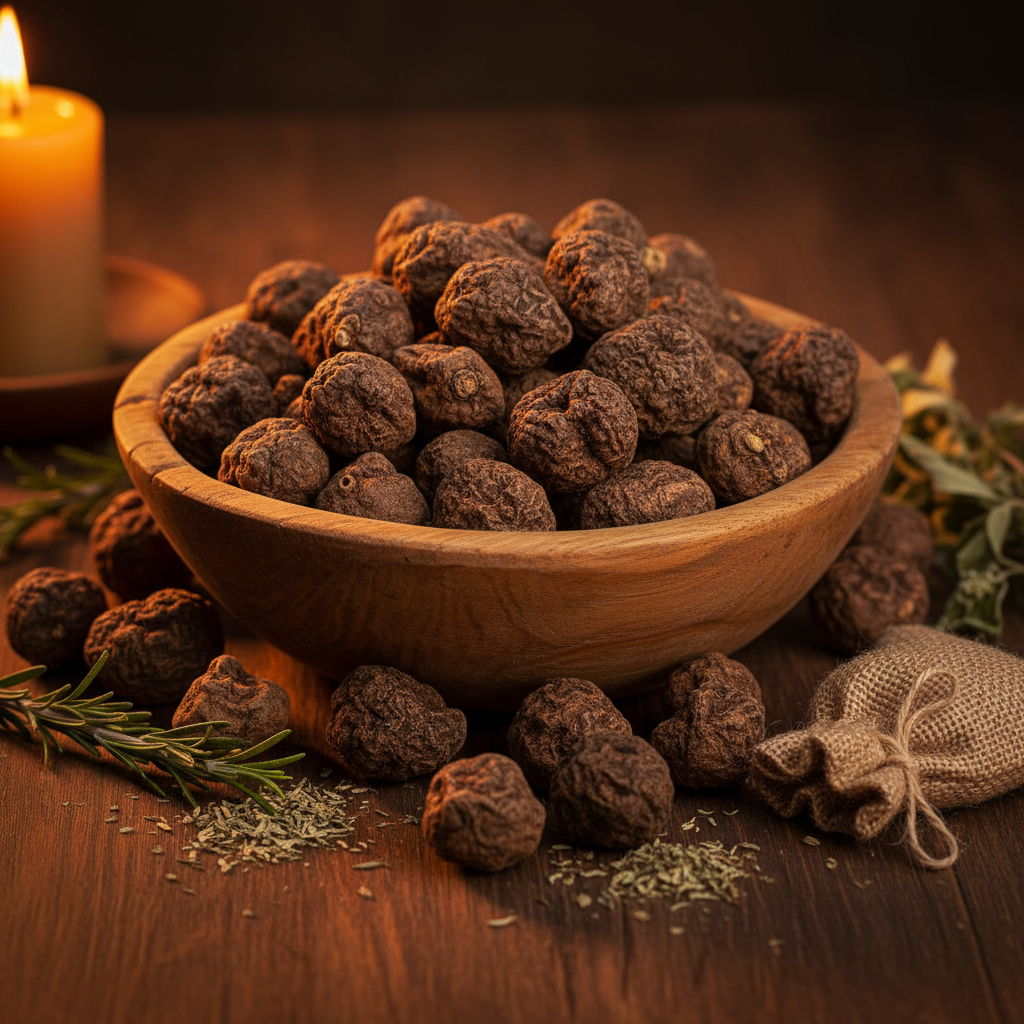 High John the Conqueror Root whole dried roots in a rustic wooden bowl with burlap sack and herbs