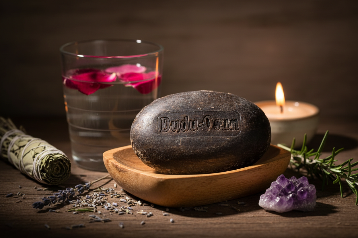 Dudu-Osun African Black Soap bar on wooden dish with rose water, dried herbs, and amethyst crystal