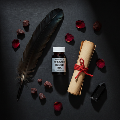 Dragon's Blood Ink 1 oz bottle flat lay on dark slate with quill, parchment, resin, rose petals, and obsidian point
