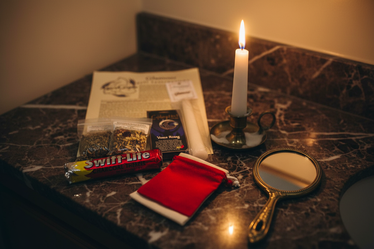 Glamour Ritual Kit on dark marble vanity with lit taper candle and hand mirror in candlelight