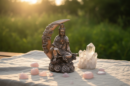 Kuan Yin Statue 8.25 inches outdoors at golden hour with crystal cluster and rose quartz