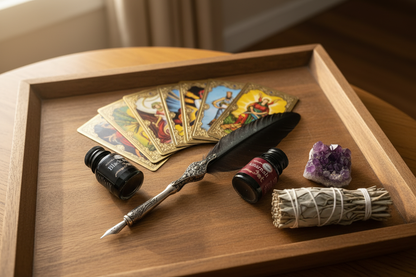Steampunk calligraphy pen and ink bottles on wooden altar tray with sage, tarot cards, and amethyst