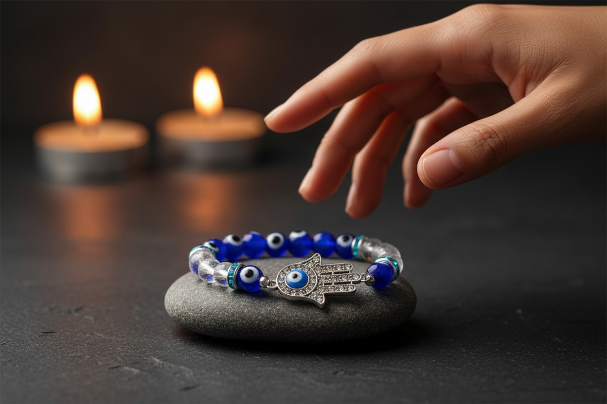 Evil Eye Clear Quartz Bracelet on dark slate with candlelight, Mediterranean hand reaching in