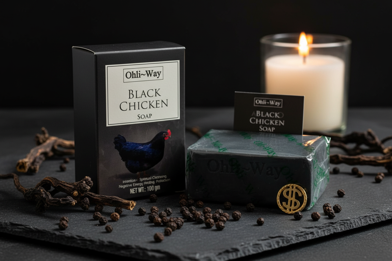 Ohli-Way Black Chicken Soap box, wrapped bar, insert card, and gold coin charm on dark slate with peppercorns and candlelight
