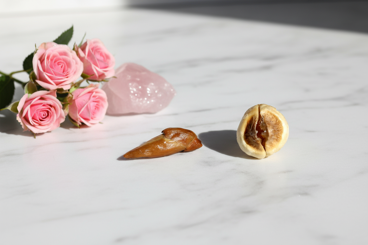 Adam and Eve Root pair on white marble with pink roses and rose quartz
