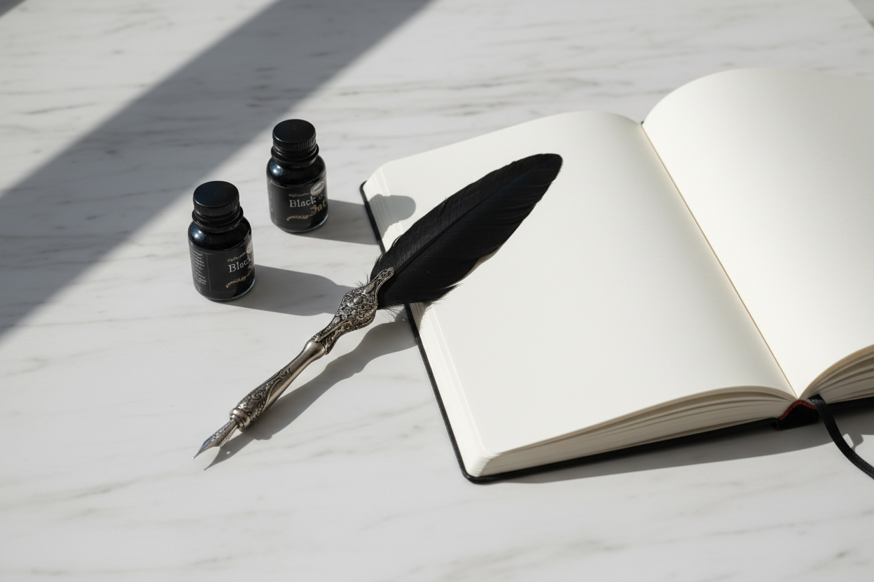 Steampunk calligraphy pen and ink bottles beside a blank open journal on marble surface