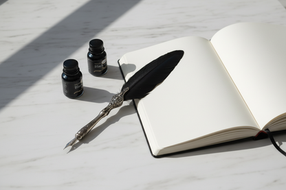 Steampunk calligraphy pen and ink bottles beside a blank open journal on marble surface