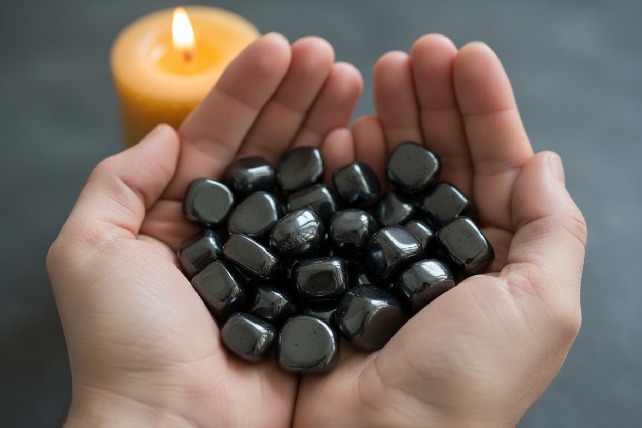 Hematite magnetic tumbled stones held in open palms by candlelight