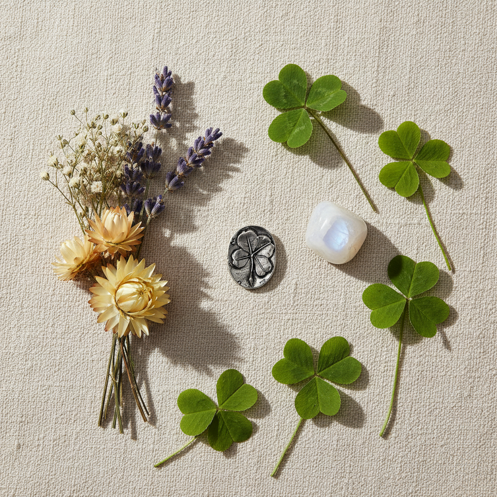 Clover Pocket Stone flat lay on cream linen with dried wildflowers and moonstone