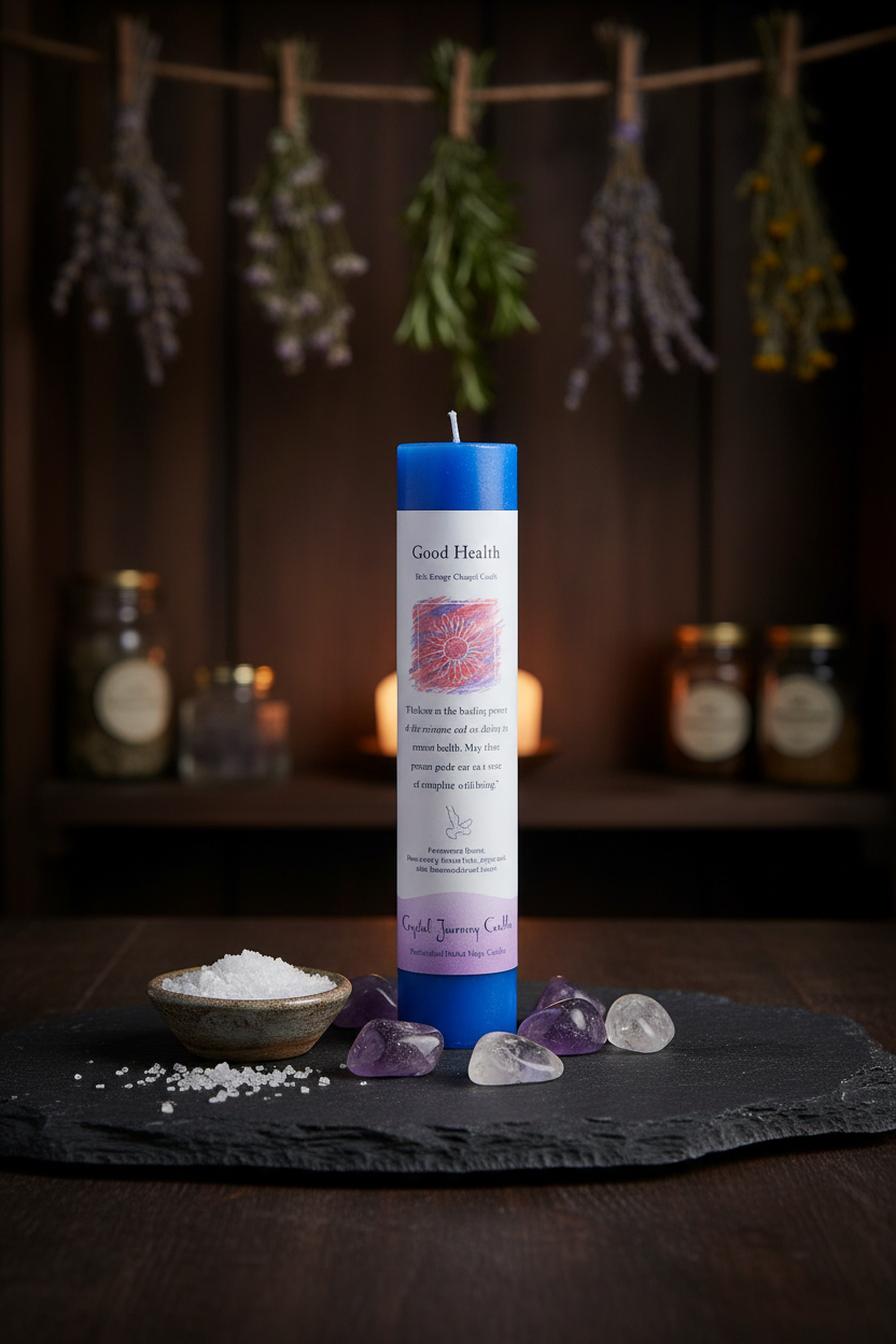 Good Health Reiki Charged Pillar Candle on a dark slate altar tray with amethyst and quartz crystals