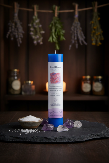 Good Health Reiki Charged Pillar Candle on a dark slate altar tray with amethyst and quartz crystals