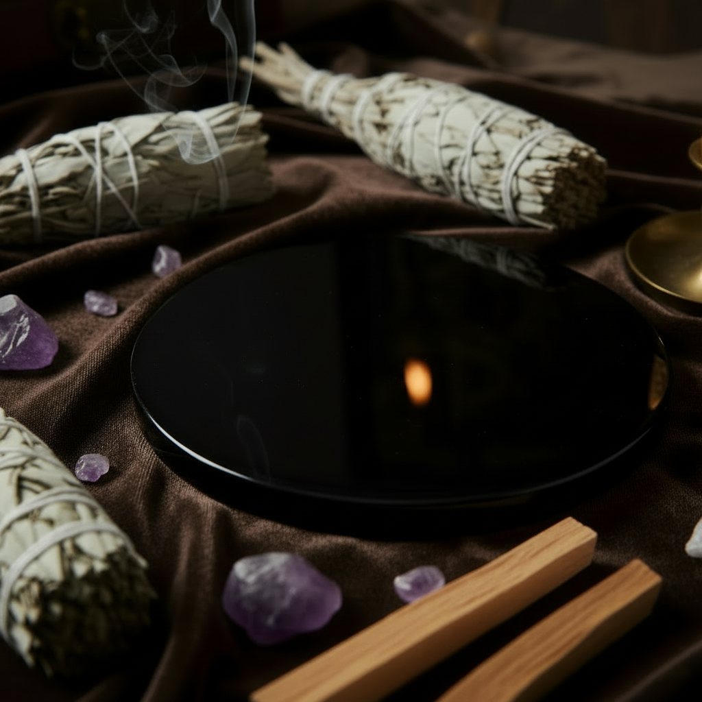 Close-up of a 6-inch black obsidian scrying mirror reflecting candlelight, showing the glossy volcanic glass surface with natural imperfections