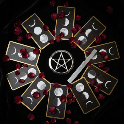 Flat lay of 2.75-inch pentagram altar tile on black velvet with moon phase cards, dried rose petals, and selenite wand