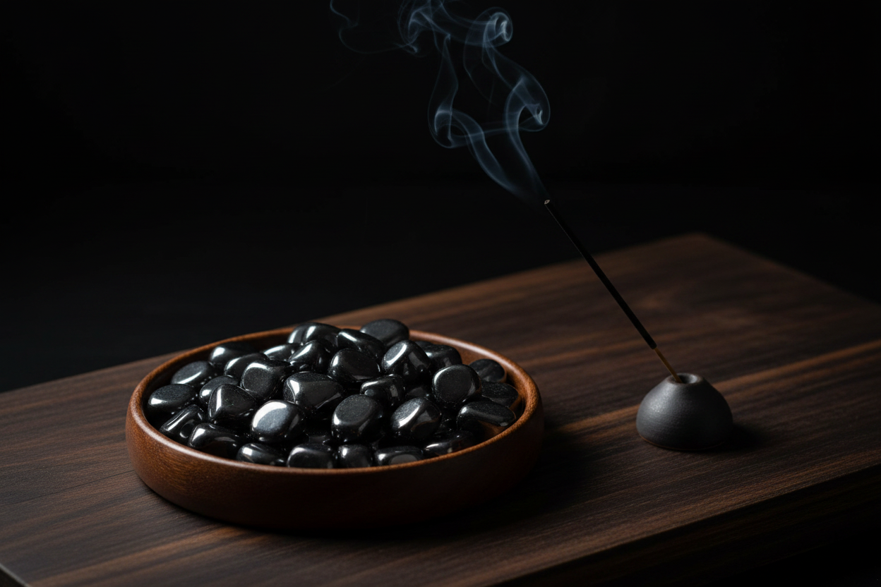 Hematite magnetic tumbled stones on dark wood altar with burning incense
