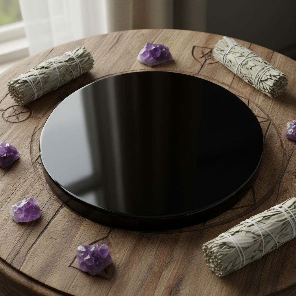 Black Obsidian Scrying Mirror 8 inch on wooden altar with amethyst crystals and dried sage