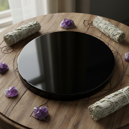 Black Obsidian Scrying Mirror 8 inch on wooden altar with amethyst crystals and dried sage